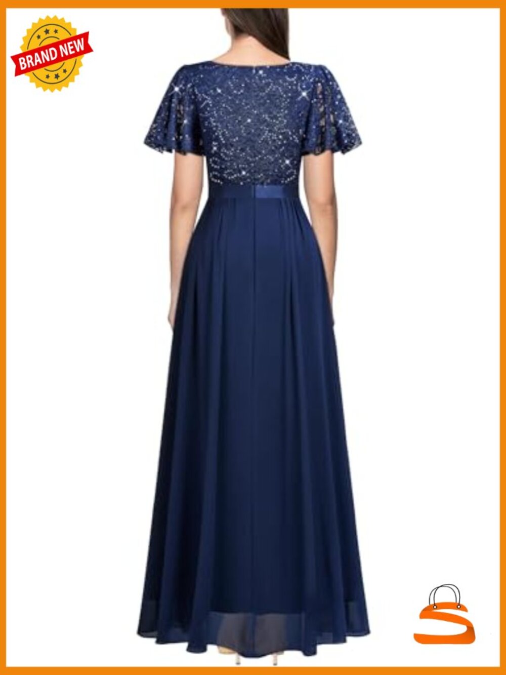 Retro V-Neck Ruffle Sleeve Sequined Lace Bridesmaid Party Maxi Dress - Picture 2 of 6